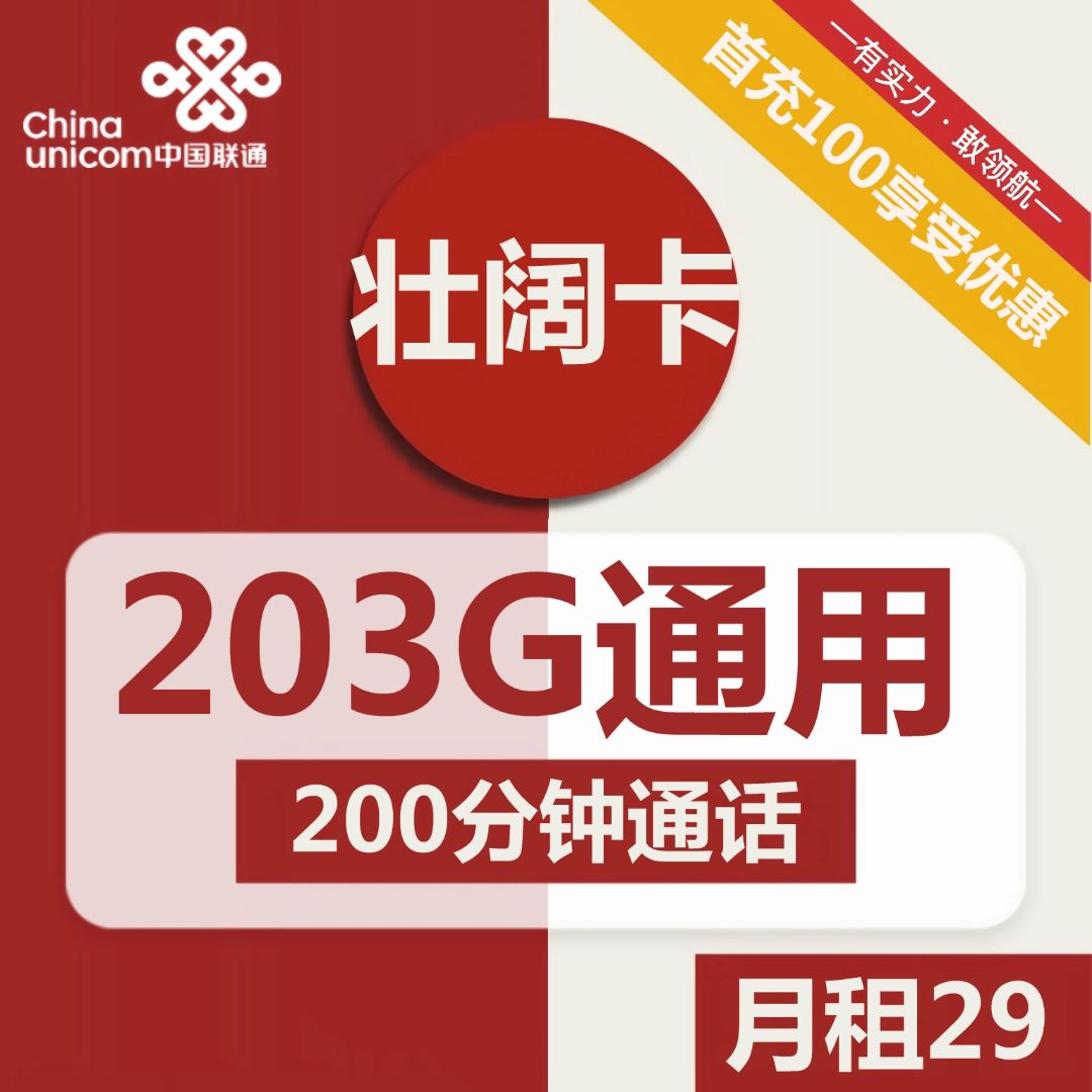 联通壮阔卡 29元包203G通用+200分钟通话